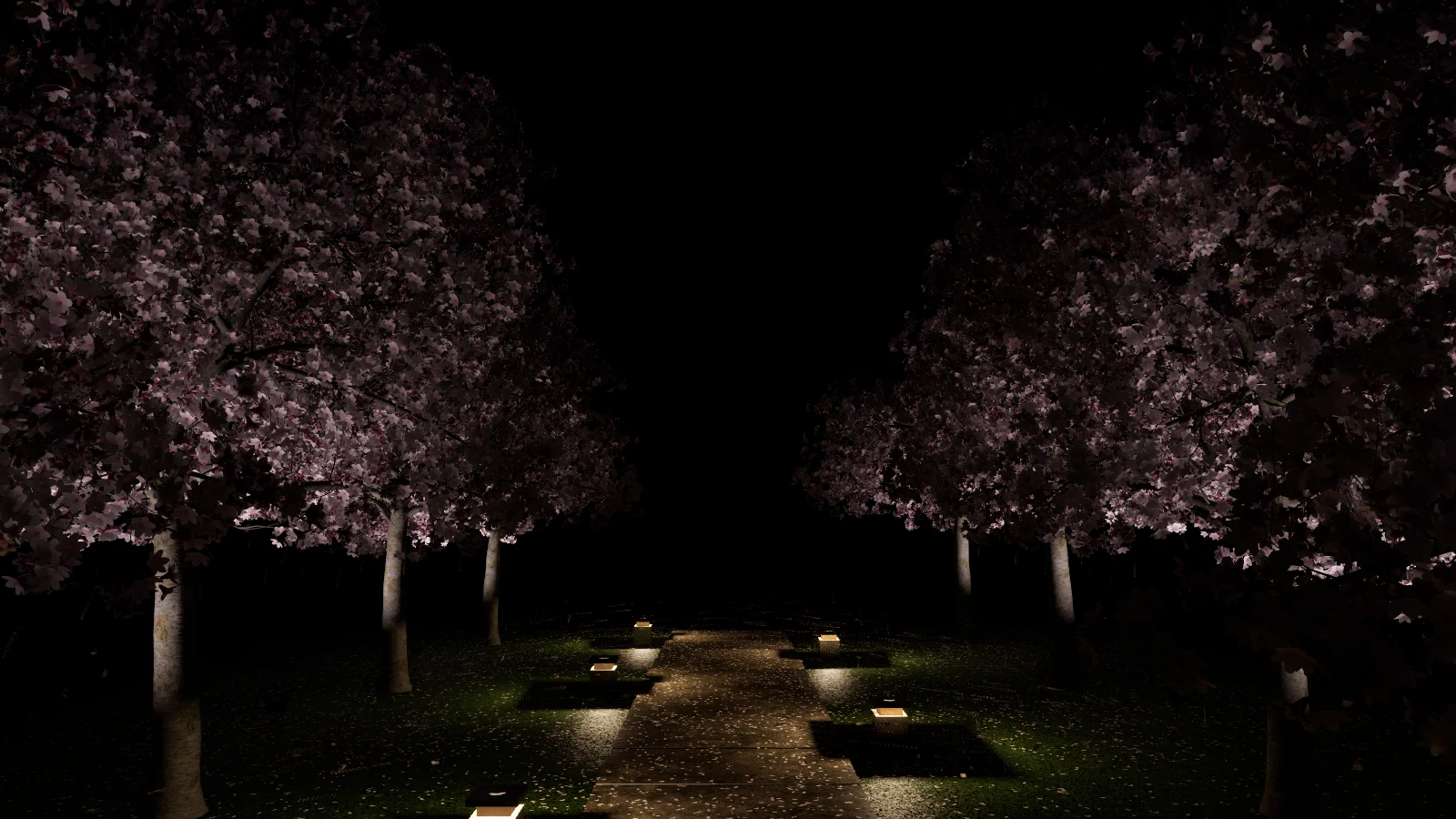 An illuminated path beneath sakura trees in Afta’s night environment